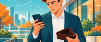 Человек проверяет смартфон и пустой кошелек после потери карты, деловая векторная иллюстрация