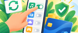 Смартфон с настройкой подписки и кредитная карта в яркой лаконичной иллюстрации