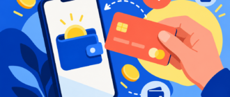 Смартфон с электронным кошельком и банковская карта в яркой плоской иллюстрации