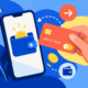 Смартфон с электронным кошельком и банковская карта в яркой плоской иллюстрации