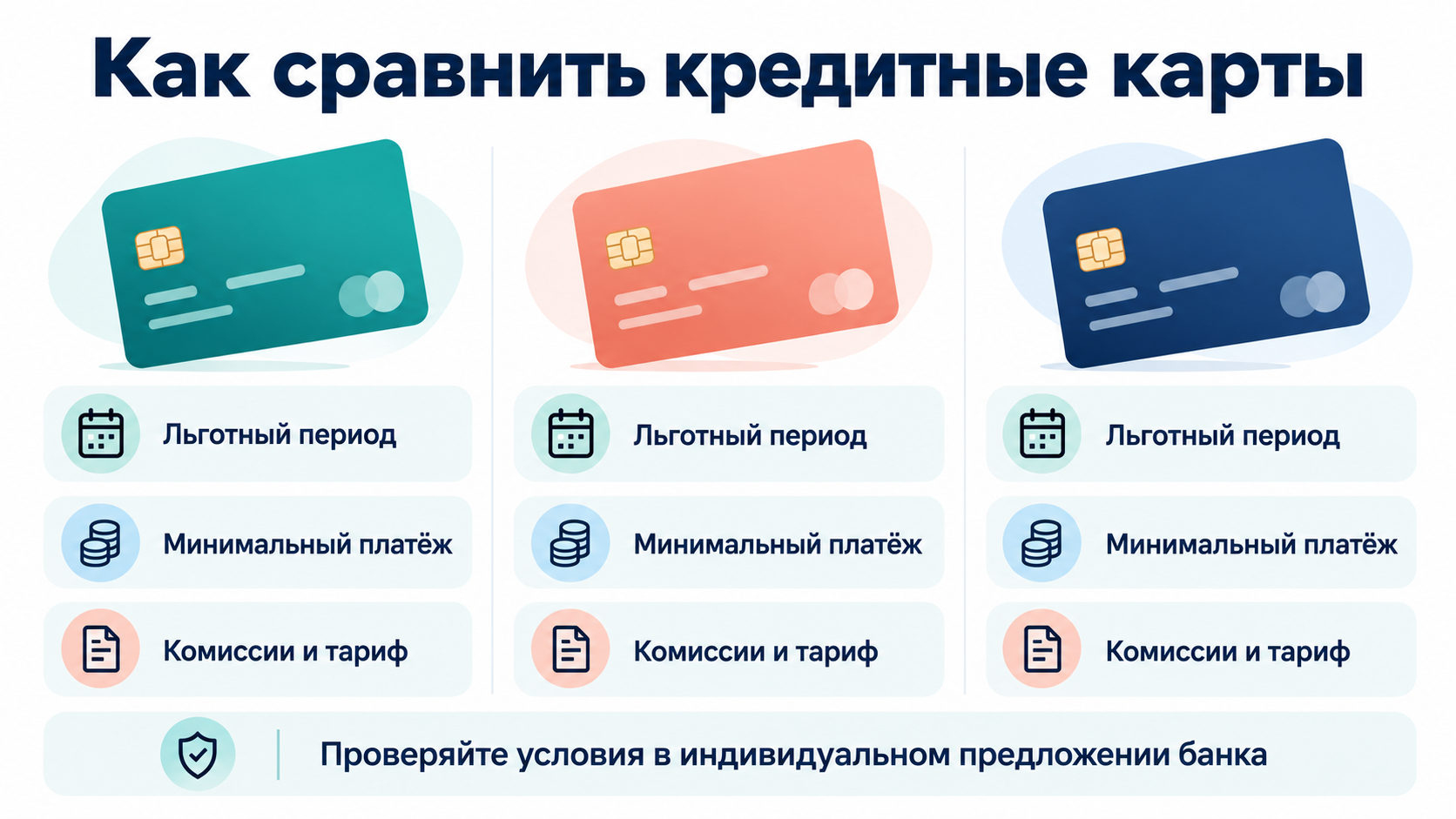 Инфографика сравнивает льготный период, минимальный платеж и комиссии кредитных карт