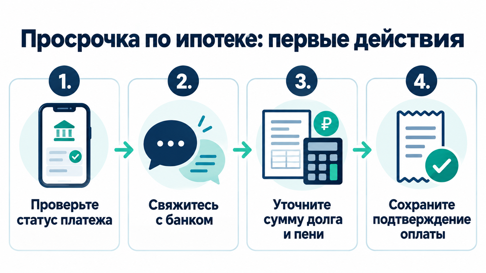 Схема: первые действия при просрочке по ипотеке - проверить платеж, связаться с банком, уточнить долг и сохранить подтверждение