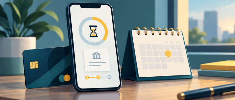 Смартфон с индикатором перевода, банковская карта и квитанция