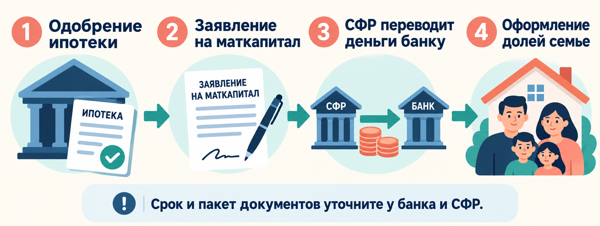 Схема: одобрение ипотеки, заявление на маткапитал, перевод СФР банку и оформление долей семьи